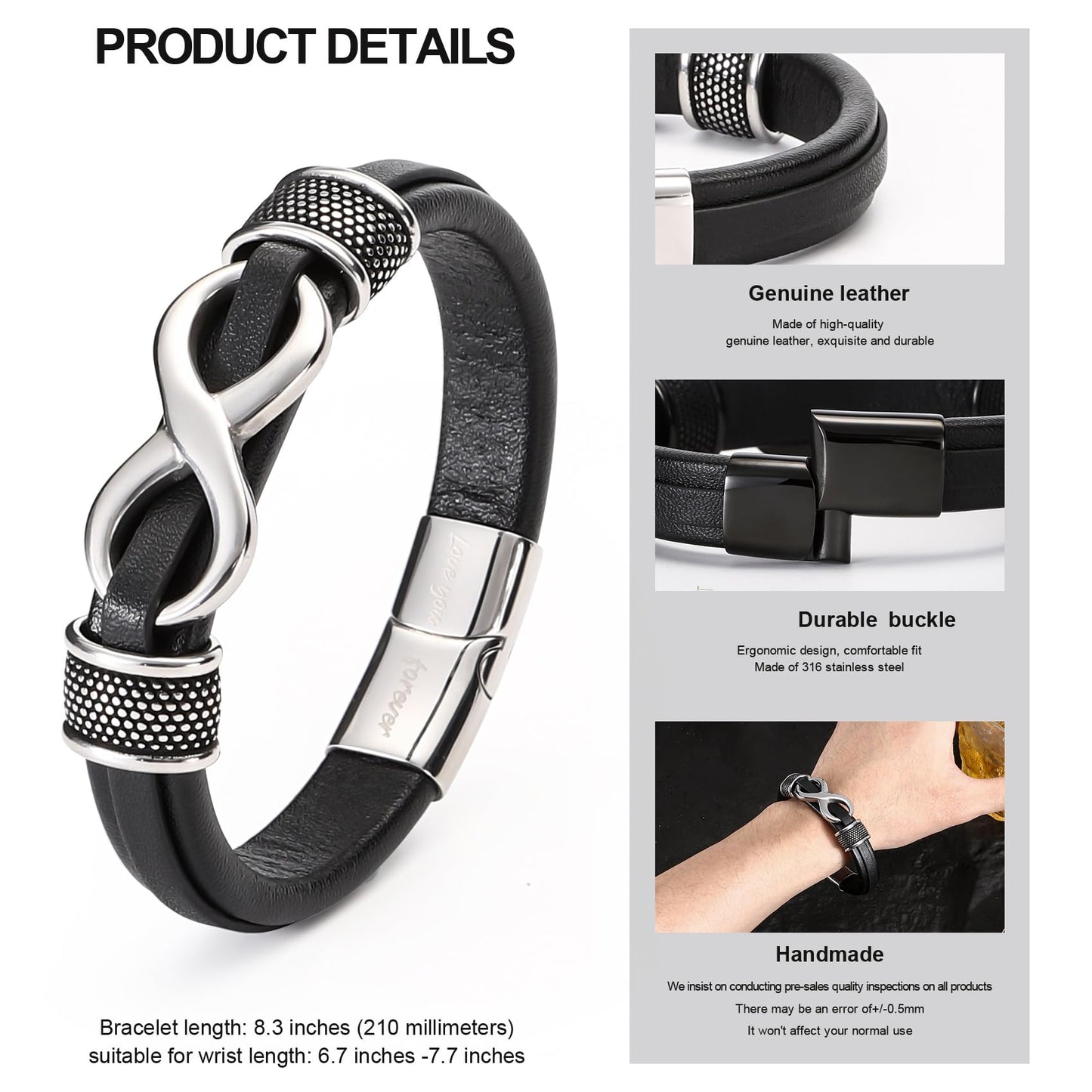 HSM Gifts for Men – Premium Leather Bracelet for Men with Infinity Symbol & Engraved 'Love You Forever' – Stylish & Mens Bracelet for Husband, Boyfriend, Gift Box Included