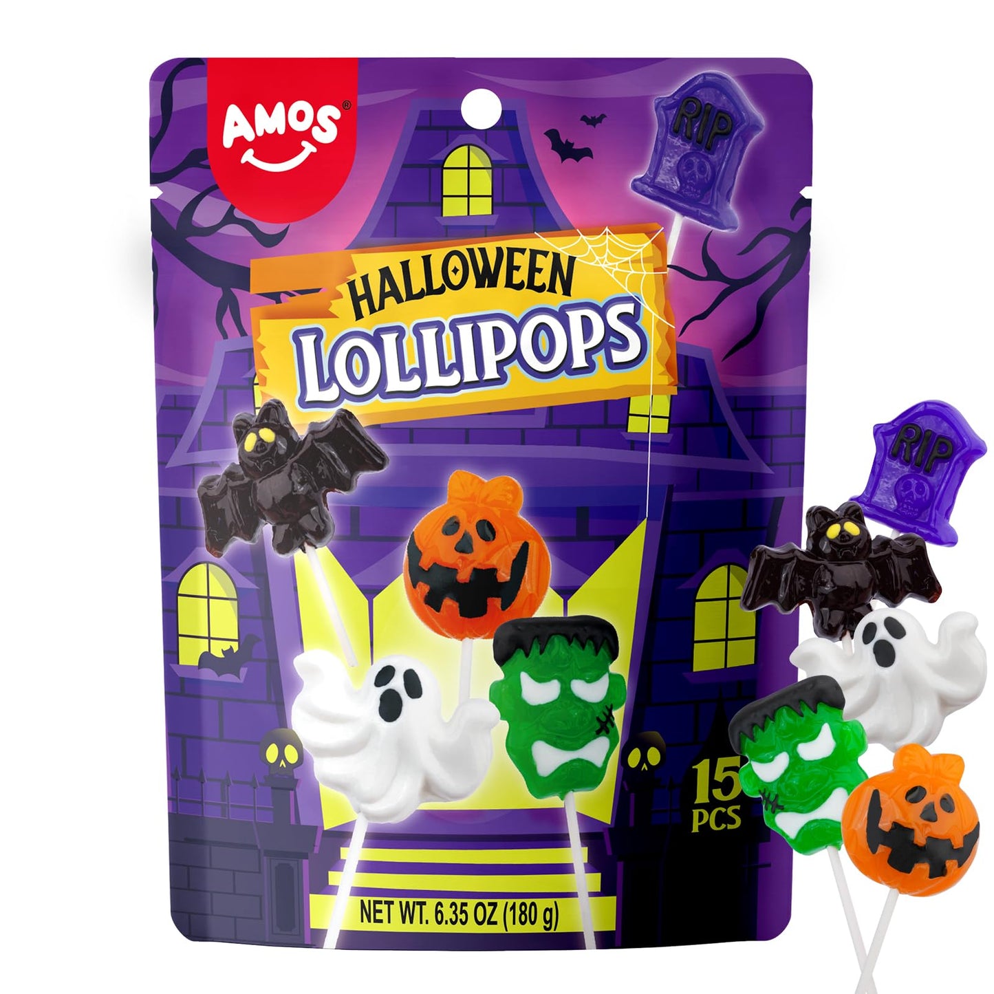 Amos Halloween Candy Lollipop, Monster Variety Suckers Individually Wrapped, Spooky Candies for Trick or Treat (6.35oz,15 Pcs)