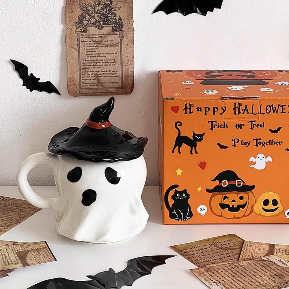 Halloween Pumpkin Ceramic Coffee Mug with Lid Cute Ghost Coffee Mug with Handle for Halloween Party Decoration (Ghost)