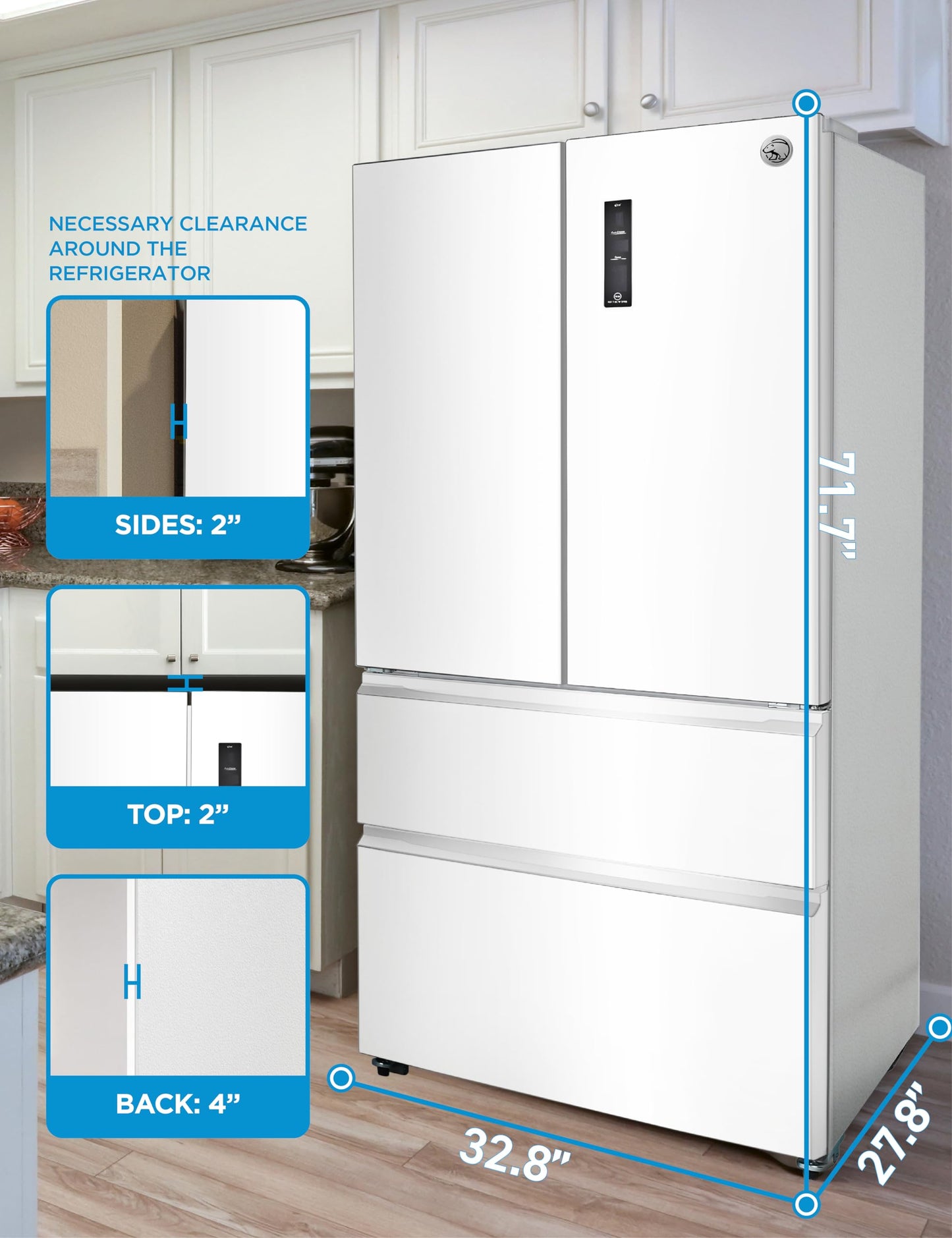 Commercial Cool 18.9 Cu. Ft. French Door Refrigerator, 33 Inch Wide Refrigerator with 2 Bottom Mount Freezer Drawers, Frost Free, LED Lighting, Digital Temperature Control, CCRF1890KW, White