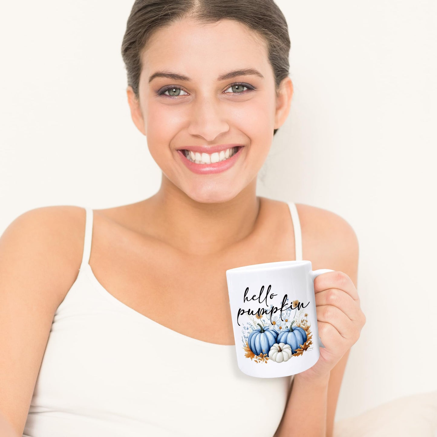 Foyoulame Fall Pumpkin Coffee Mugs, Hello Pumpkin Mug, Blue and White Pumpkins Coffee Teacup, Fall Thanksgiving Gifts for Women, Autumn Gifts for Women, Autumn Pumpkins Ceramic CoffeeMug 11oz