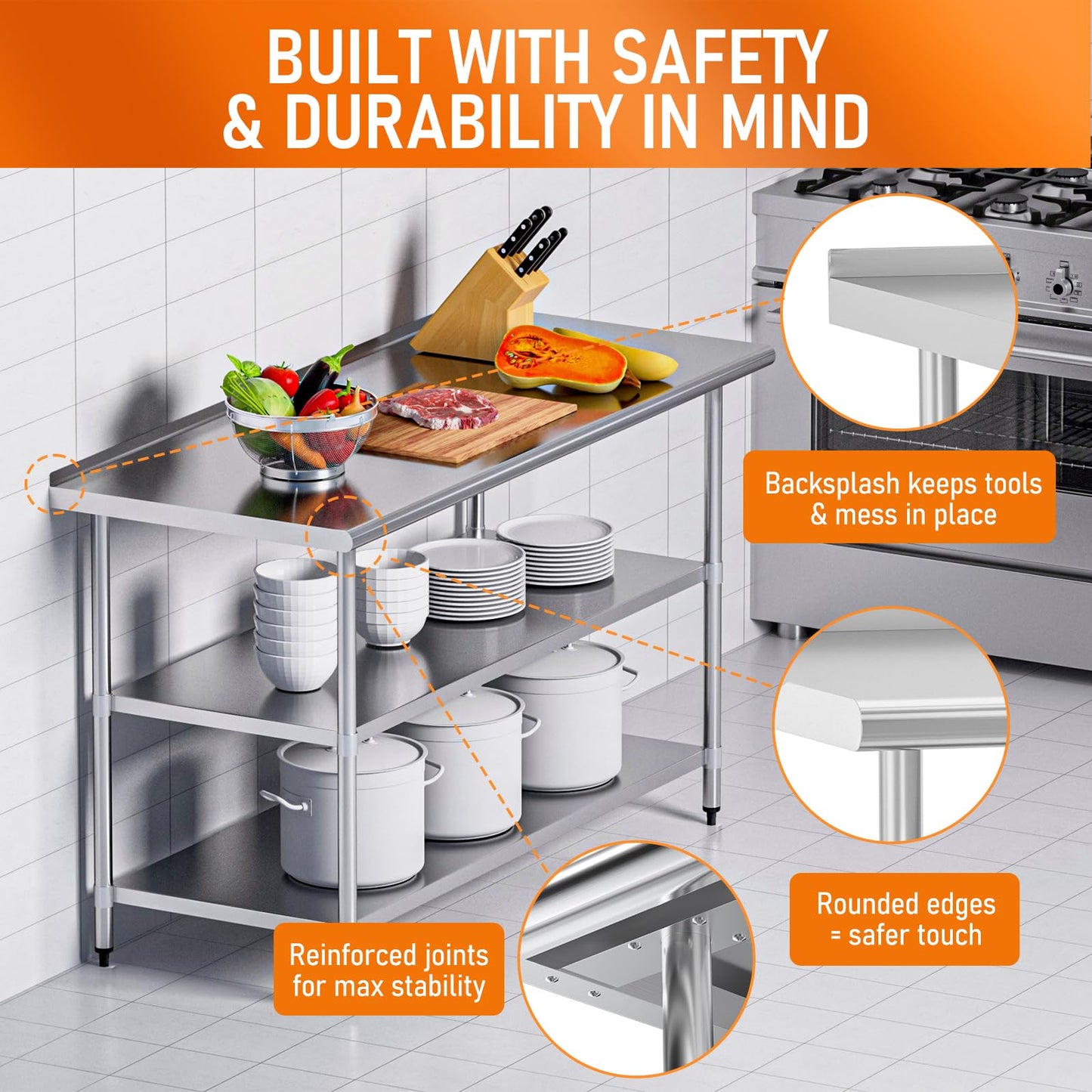 HOCCOT Stainless Steel Table 24" x 60" with 2 Adjustable Undershelves and Backsplash, Commercial Metal Workstations for Kitchen, Garage, Outdoor BBQ