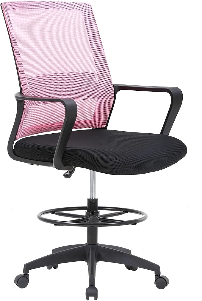 BestOffice Drafting Chair Tall Office Chair Adjustable Swivel Rolling Mesh Height with Lumbar Support Arms Footrest Mid Back for Adults Standing Desk Drafting Stool (Light Pink)
