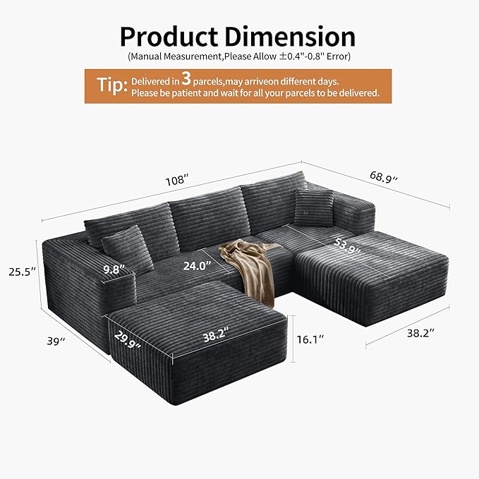 Fancyfire 108" Cloud Modular Sectional Couch with 2 Ottoman,Ultimate Comfort U-Shaped Deep Seat Sofa,Boneless Couch Upholstered 3-Seater Sofas for Living Room, No Assembly Required(Grey)
