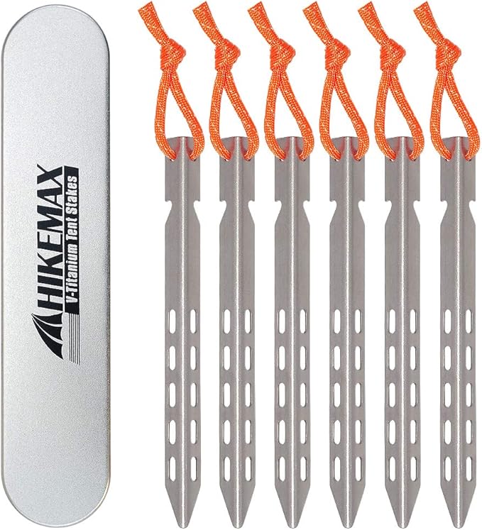 Hikemax Ultralight Titanium Tent Stakes 6 Pack - V-Shaped Tent Pegs with Reflective Pull Cords - Made for Camping