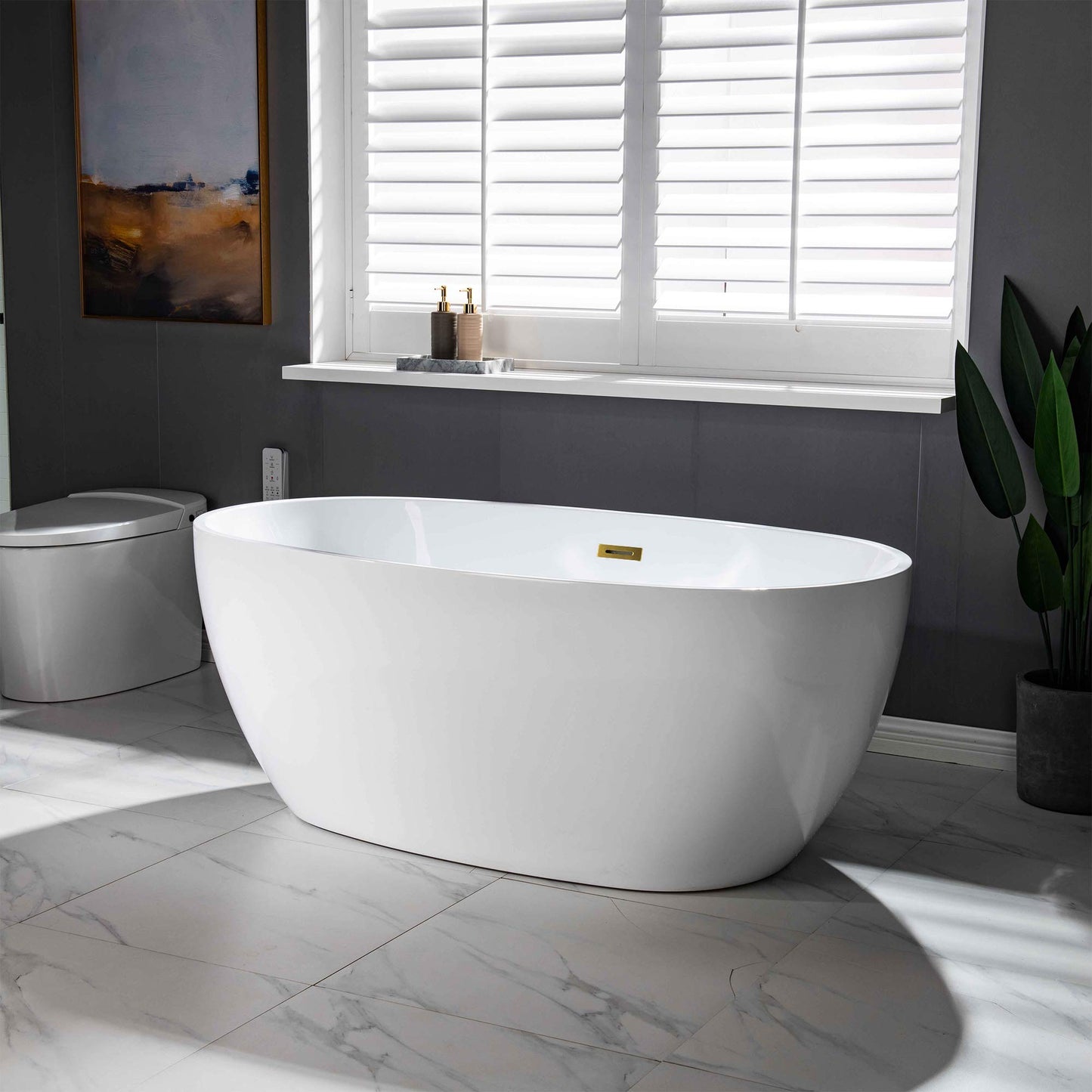 WOODBRIDGE 59" Acrylic Freestanding Bathtub Contemporary Soaking White Tub with Brushed Gold Overflow and Drain，BTA1518 -BG-Drain &O