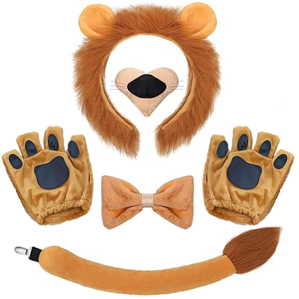 NinkyNonk 6 PCS Lion Costume Kits Includes Lion Ears Headband Tail Nose Bowtie Gloves for Lion Cosplay Halloween Party Dress Up 101 Days of School Supplies