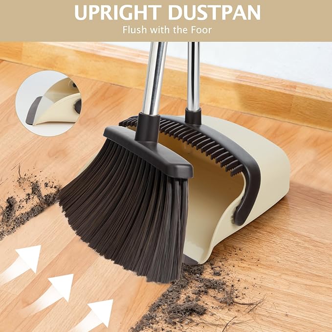 Broom and Dustpan Set with Long Handle, Heavy Dust Broom and Dustpan Combo for Home，Kitchen, Office, Pet Hair(Beige)