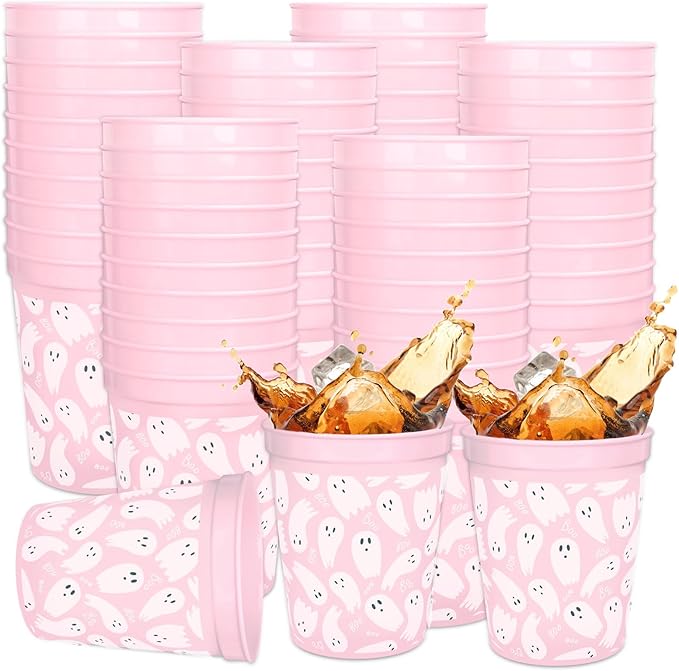 JarThenaAMCS 24 Pcs Halloween Ghost Plastic Cups Pink Cute Ghost Boo Reusable Cups Trick or Treat Party Drinkware Supplies...