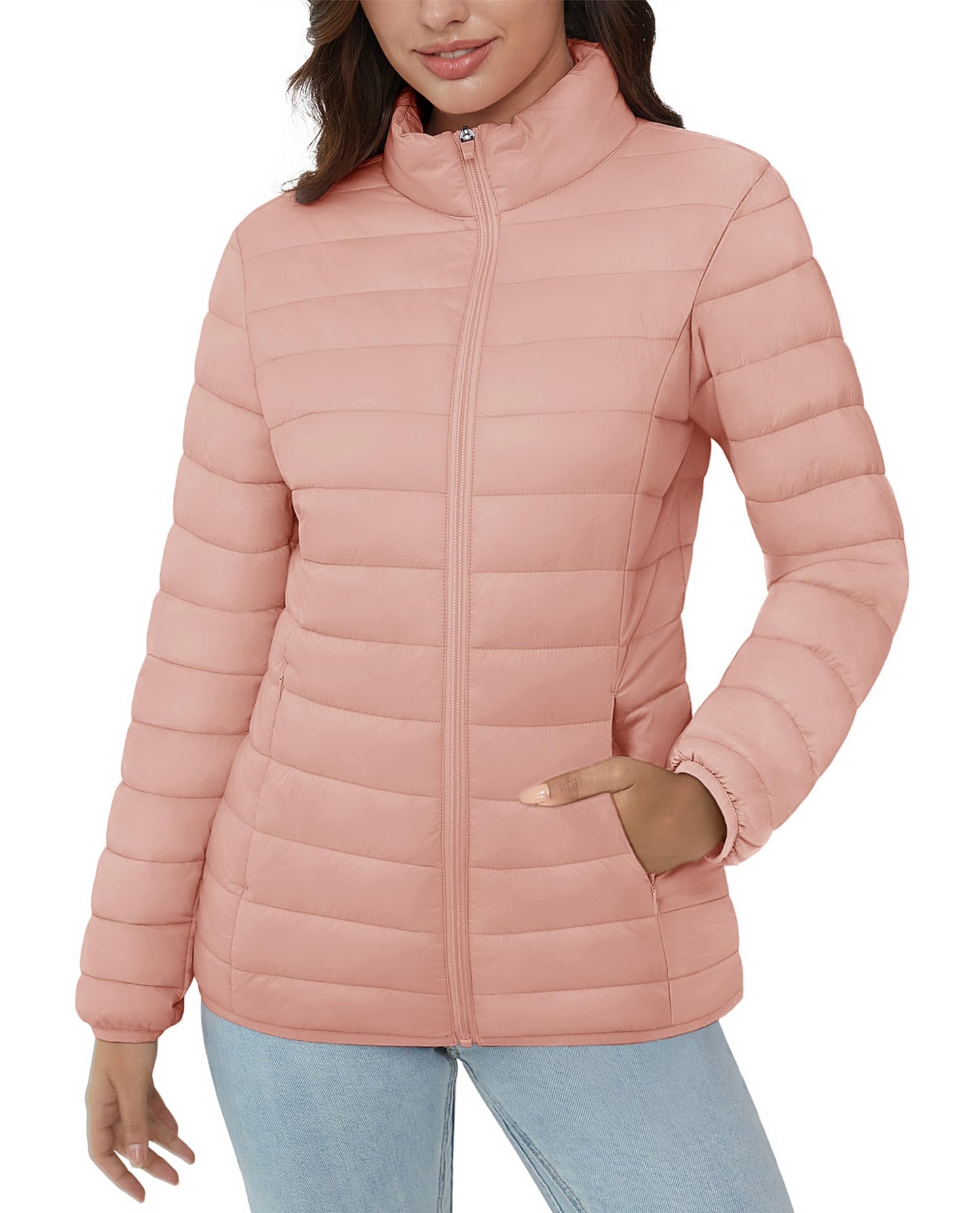 MAGCOMSEN Womens Puffer Jacket Ultra-light Quilted Zip-up Padded Winter Warm Outwear with 4 Pockets, Apricot S