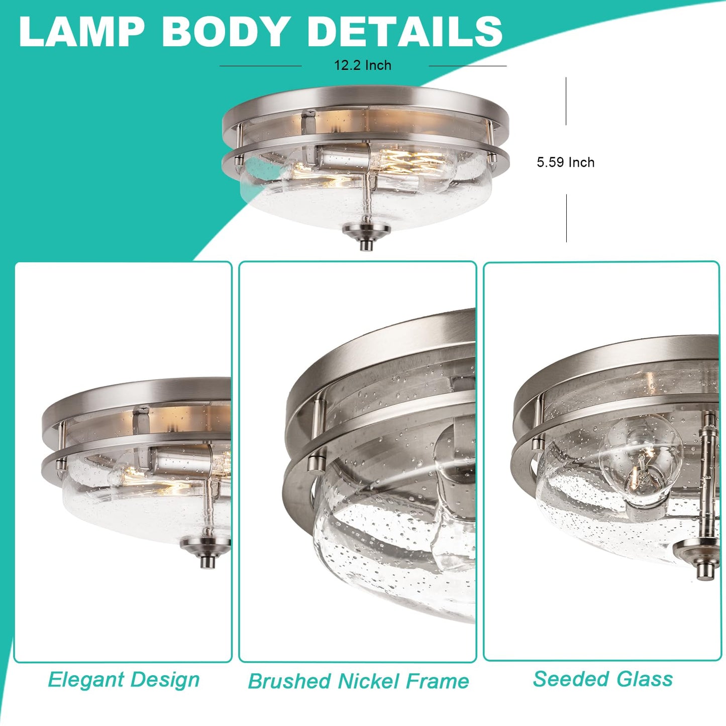 Edwarmlux Flush Mount Ceiling Lights, 2-Light Farmhouse Close to Ceiling Light, Industrial Ceiling Lighting Fixture for Kitchen Hallway Bedroom Living Room Stairways Porch (Brushed Nickel)