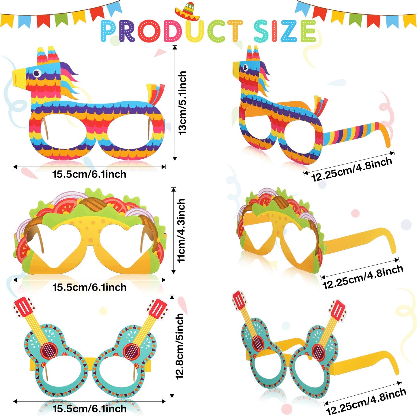 Honoson 32 Pcs Mexican Fiesta Party Decorations Paper Eyeglasses Taco Cactus Pinata Cinco De Mayo Costume Photo Booth Props Supplies for Taco Twosday Birthday Let's Fiesta Favor