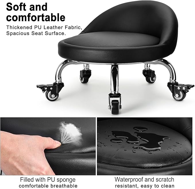 FLOLXNB Low Height Rolling Stool,Low Stool Chair with Back,Low Roller Seat Stool Chair,Rolling Stool for Home Office Garage Shop,M