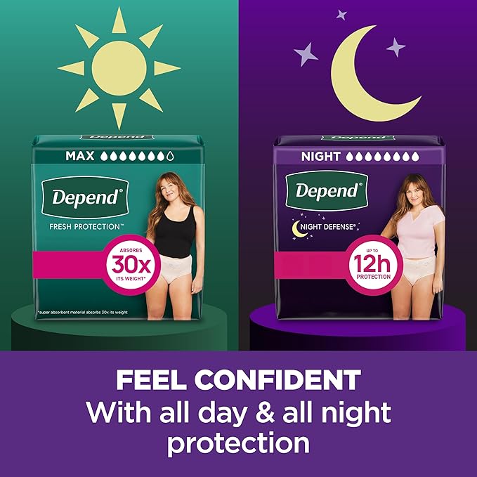 Depend Night Defense Adult Diapers, Incontinence & Postpartum Bladder Leak Underwear for Women, Disposable, Overnight, Large, Blush, 22 Count, Packaging May Vary