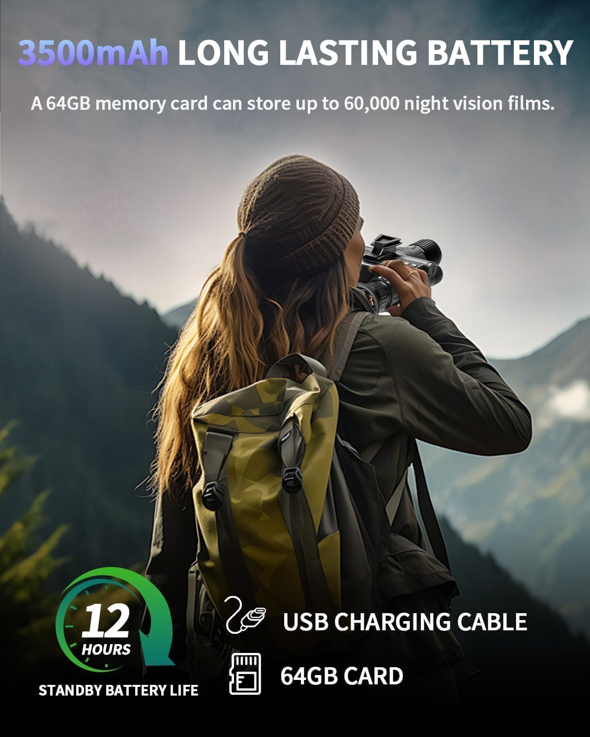 4K HD Night Vision Goggles with Helmet Mount, 8X Zoom, 1968ft View Range, Dual Display Screens and 64GB Card for Outdoor Activities