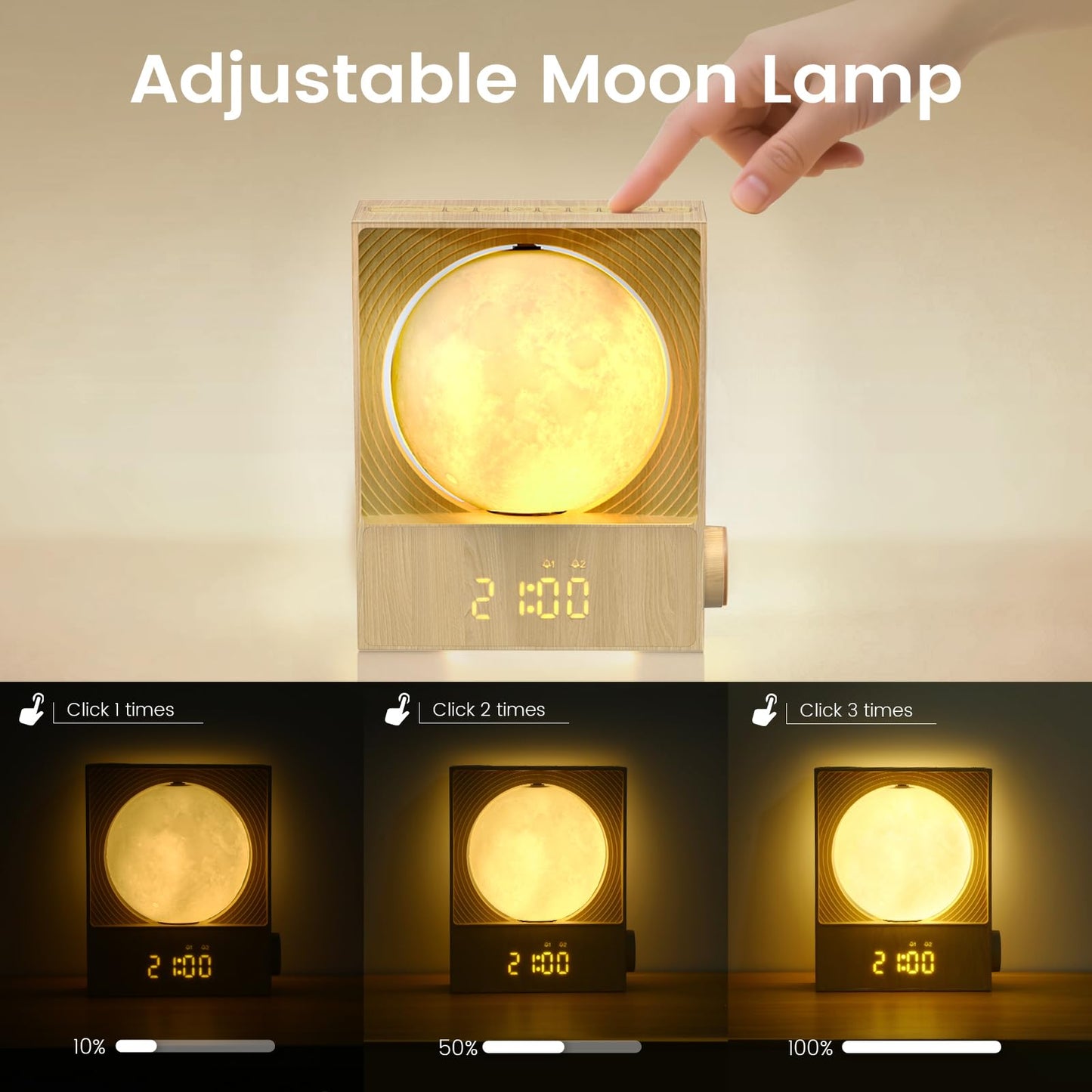 Epochleno Sunrise Alarm Clock, 360-Degree Rotating Moonlight & 10 White Noise Sounds, Dual Alarm & Snooze for Heavy Sleeper, Timer, Wooden Bedroom Light Gift - Wood