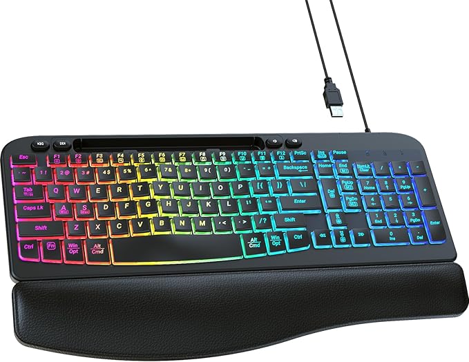 VEILZOR Wired Ergonomic Keyboard, 7-Color Backlit USB Computer Keyboard with Wrist Rest, Wave Keys, Phone Holder, Lighted ...