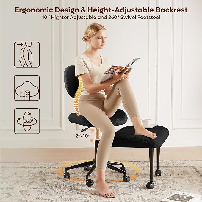 Cross Legged Office Chair with Wheels for ADHD, Ergonomic 360° Swivel Height-Adjustable Meditation Chair for Yoga, Wide Kneeling Chair with Strong Lumbar Support, Teddy Fabric, Black