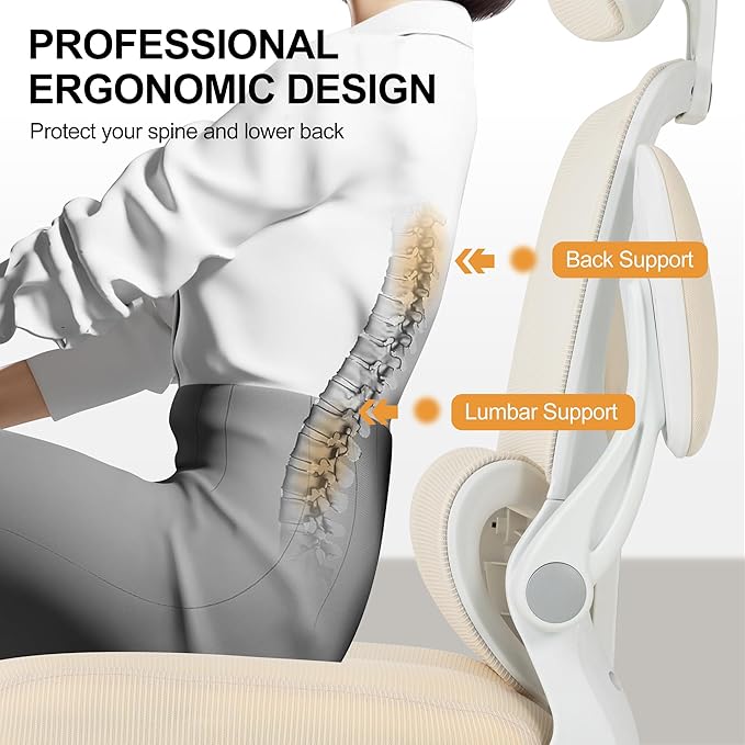 BOWTHY Ergonomic Office Chair,Home Mesh Office Desk Chairs,High Back Chair 330 LBS,Swivel Computer Task Chair with Adjustable Lumbar Support,Up&Down Flip-Up Arms,Rocking Function (Beige)