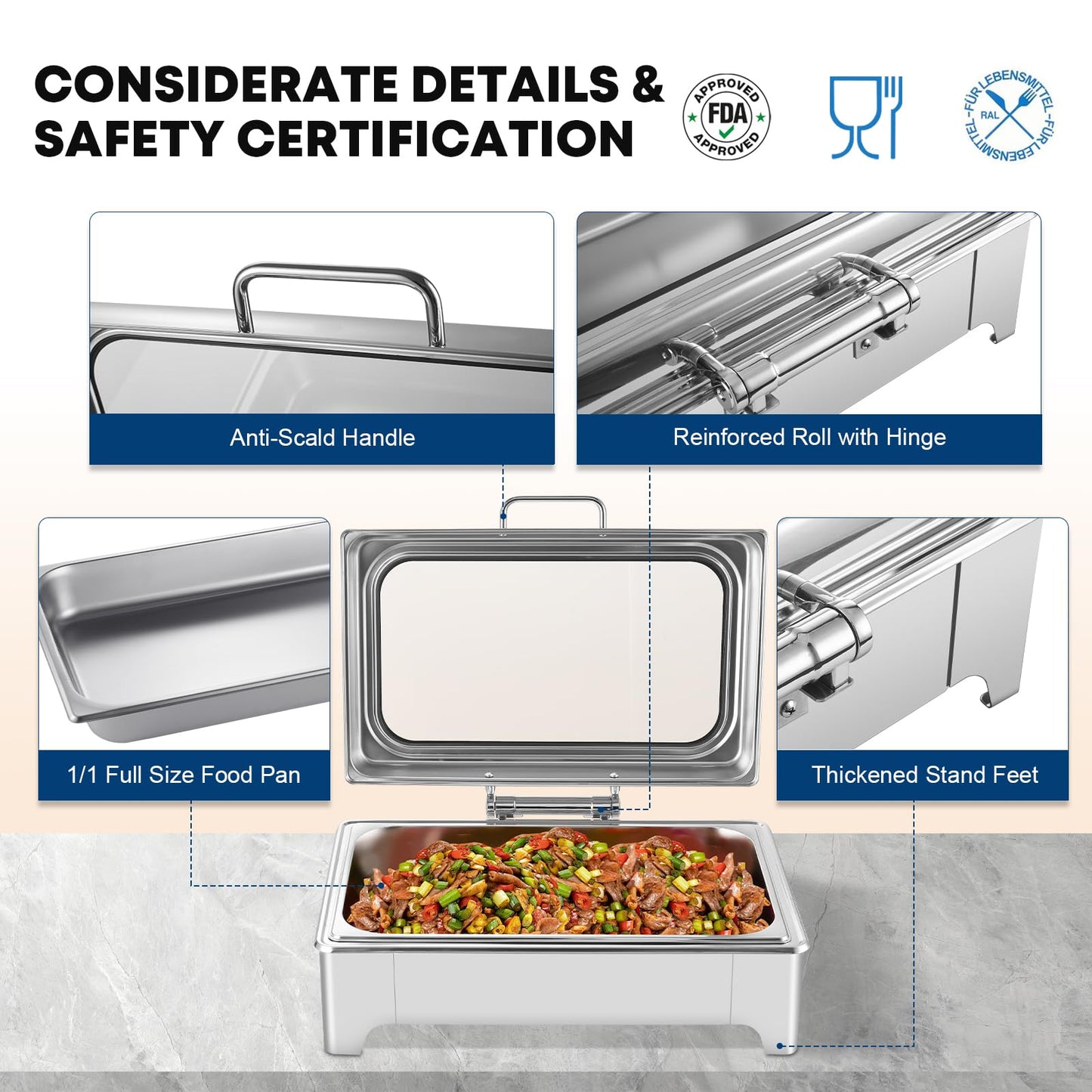 Electric Chafing Dish Buffet Server Set, Stainless Steel Full Size & Half-Size &Three-Section Food Pan with Temp Control, Roll Top Stainless Steel Food Warmers for Catering Buffet (A-01)