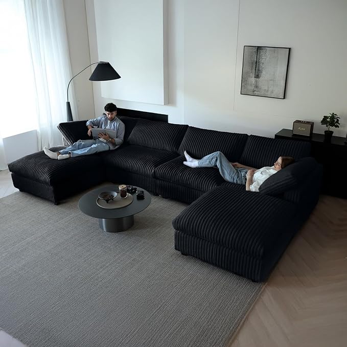 WJShome Cloud Couch Modular Sectional Sofa,157" Oversized U Shaped Couch with Ottoman,6 Seater Convertible Sofa,Comfy Plush Couches for Living Room,Covers Washable&Replaceable (Black)
