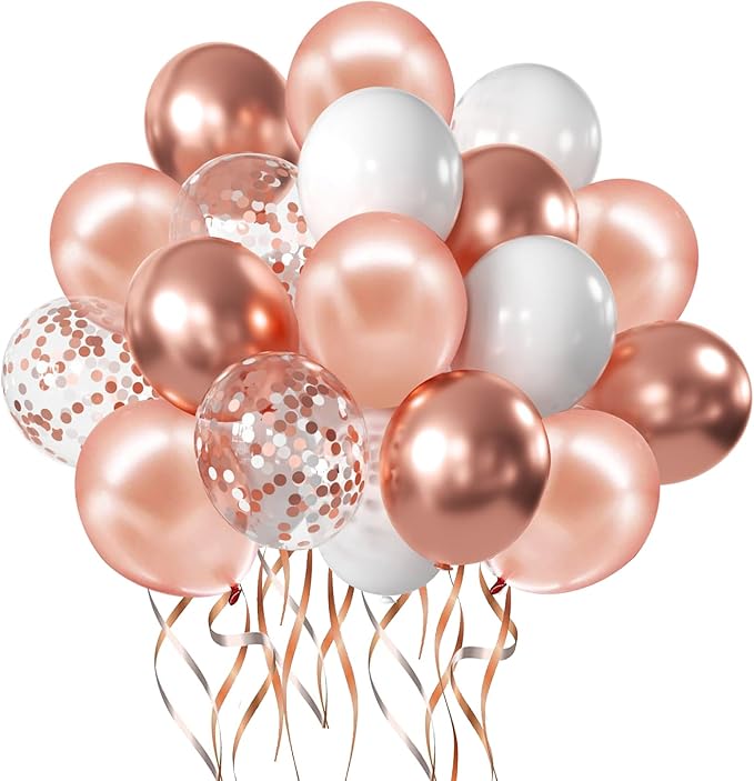 Zesliwy Rose Gold Confetti Balloons, 50 Pack 12 inch White and Rose Gold Latex Balloons with 33 Feet Rose Gold Ribbon for ...