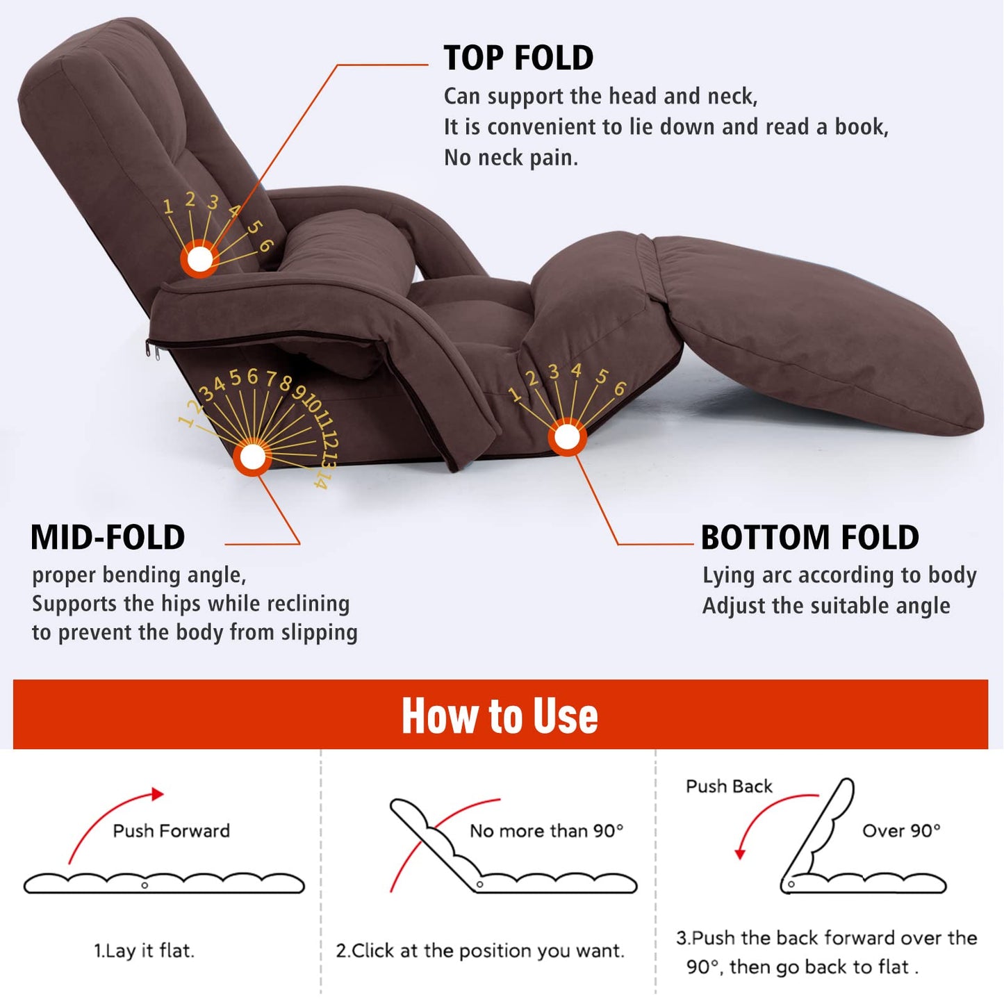 DeeLyan Foldable Lazy Sofa Bed 14-Position Adjustable Comfy Floor Chair Chaise Lounge with Armrests and Pillow with Gaming Recliner for Adults Kids with Foot Rest Futon Sofa (Brown)