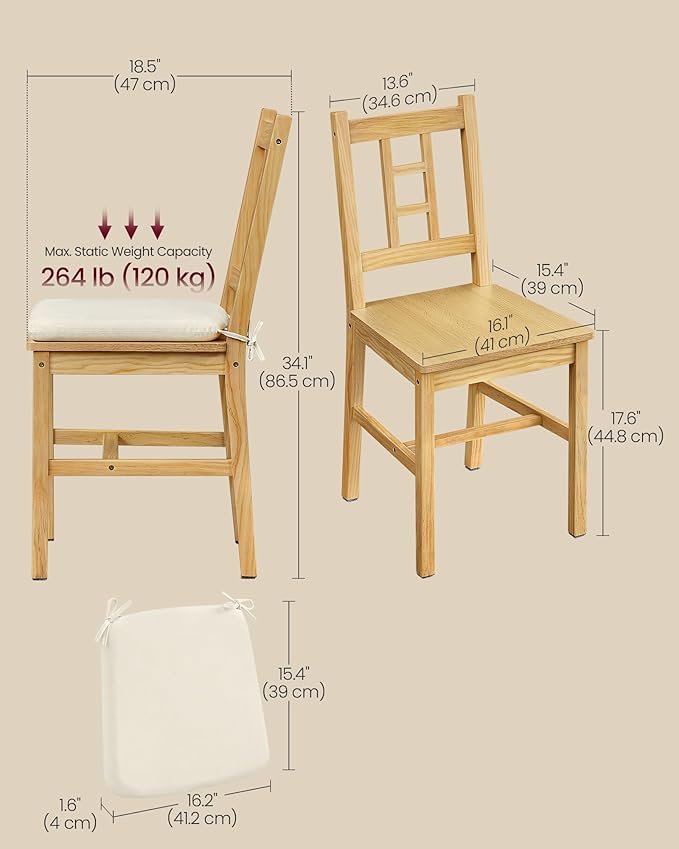 VASAGLE Wooden Dining Chairs, Set of 2, Kitchen and Dining Room Chairs, Removable Cushion, Curved Back, Each Supports 264 lb, Golden Oak UKDC150N01