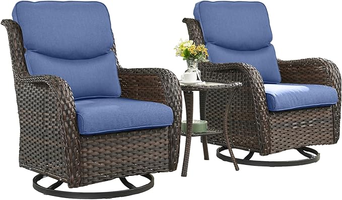 Rilyson Wicker Rocking Chair Swivel Chairs - 3 Piece Rocker Patio Furniture Set Rattan Rocking Bistro Sets with Glass Top Side Table for Outdoor Porch Deck Garden Backyard (Brown/Blue/Smile)