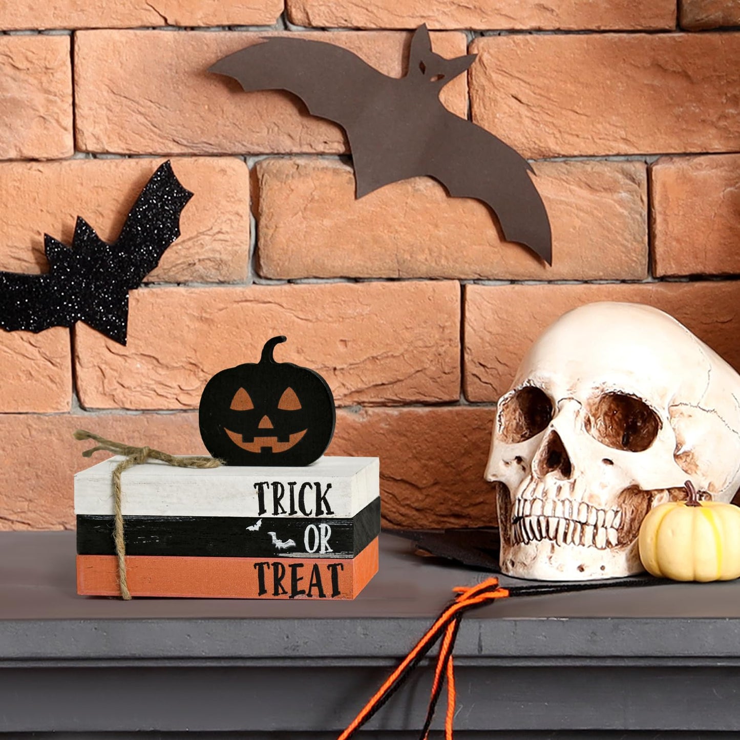 Smile Happy Halloween Wooden Stack, Pumpkin Mini Faux Books Bundle, Trick or Treat Tiered Tray Decorations, Indoor Decor for Kitchen Bathroom and Home Table Shelf