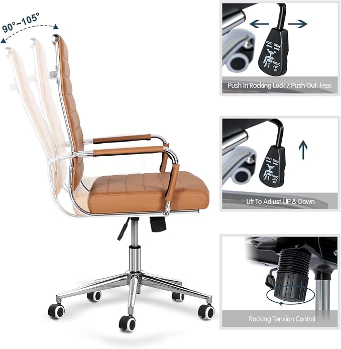 BOWTHY Home Office Chair Ribbed, Modern Leather Conference Waiting Room Chairs,Ergonomic Office Desk Chair, High Back Executive Computer Chair, Adjustable Swivel Chair with Arms (Brown)