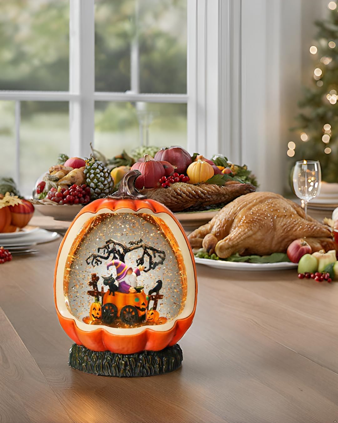 Halloween Pumpkin Snow Globe with Gnome Inside for Halloween Decorations, with Rotating and Lighting Functions，USB or Battery Operated