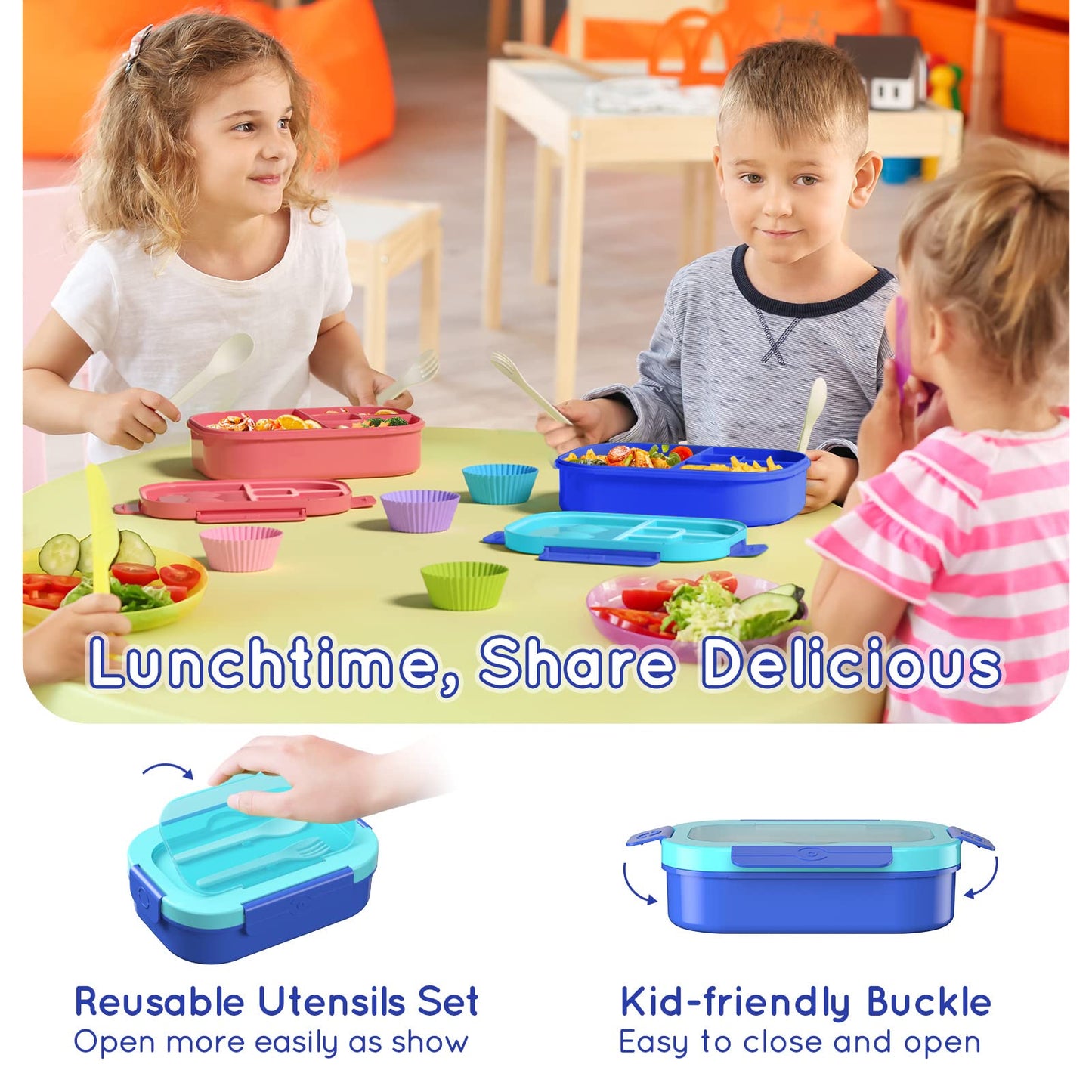 TIME4DEALS Kids Bento Lunch Box Leakproof Lunch Box with 4 Compartments Lunch Containers with Tableware Kids Bento School Lunch Boxes with Container 44oz, Microwave Dishwasher Freezer Safe (Blue)