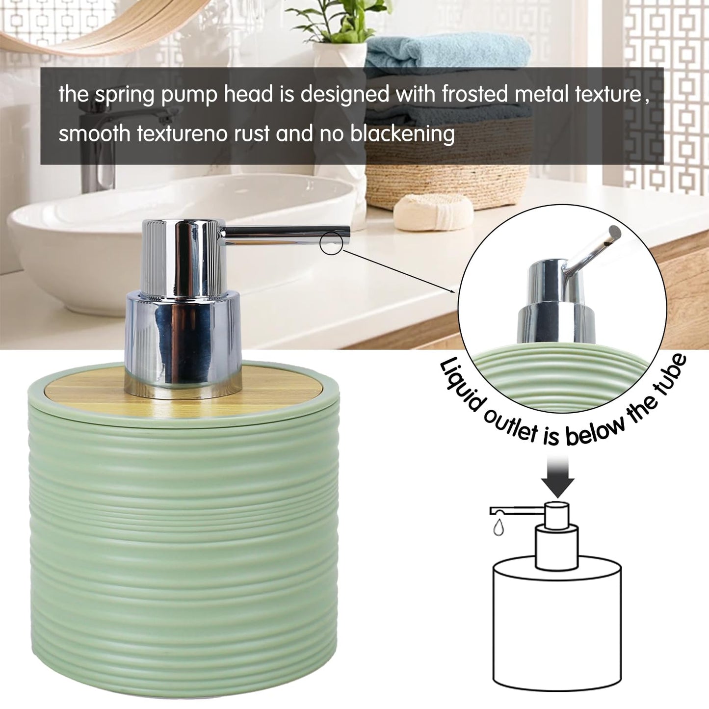 CERBIOR Bathroom Accessories Set 6 Piece Bamboo Bath Ensemble Includes Soap Dispenser, Toothbrush Holder, Toothbrush Cup, Soap Dish for Decorative Countertop and Housewarming Gift, Sriral Green