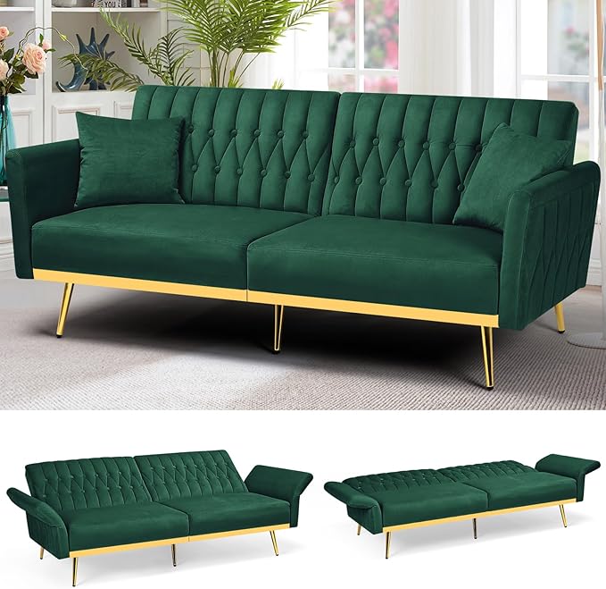 ACMEASE 70” Velvet Futon Sofa Bed w/Adjustable Backrests and Armrests, Convertible Futon Couch with 2 Pillows, Modern Tufted Sleeper Bed for Living Room, Bedroom,Green