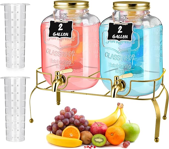 Lallisa 2 Pcs 2 Gallon Glass Drink Dispenser with Stand Ice Cylinder Hanging Chalkboard Signs 18/8 Stainless Steel Spigot ...