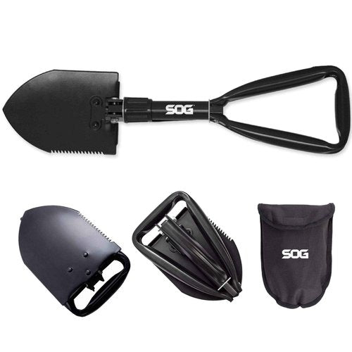 SOG Tactical Tomahawk- Throwing Hatchet, Versatile Survival Tactical Axe and Emergency Breaching Tool & Entrenching Tool- 18.25 Inch Folding Survival Shovel with Wood Saw Edge - Black (F08-N)