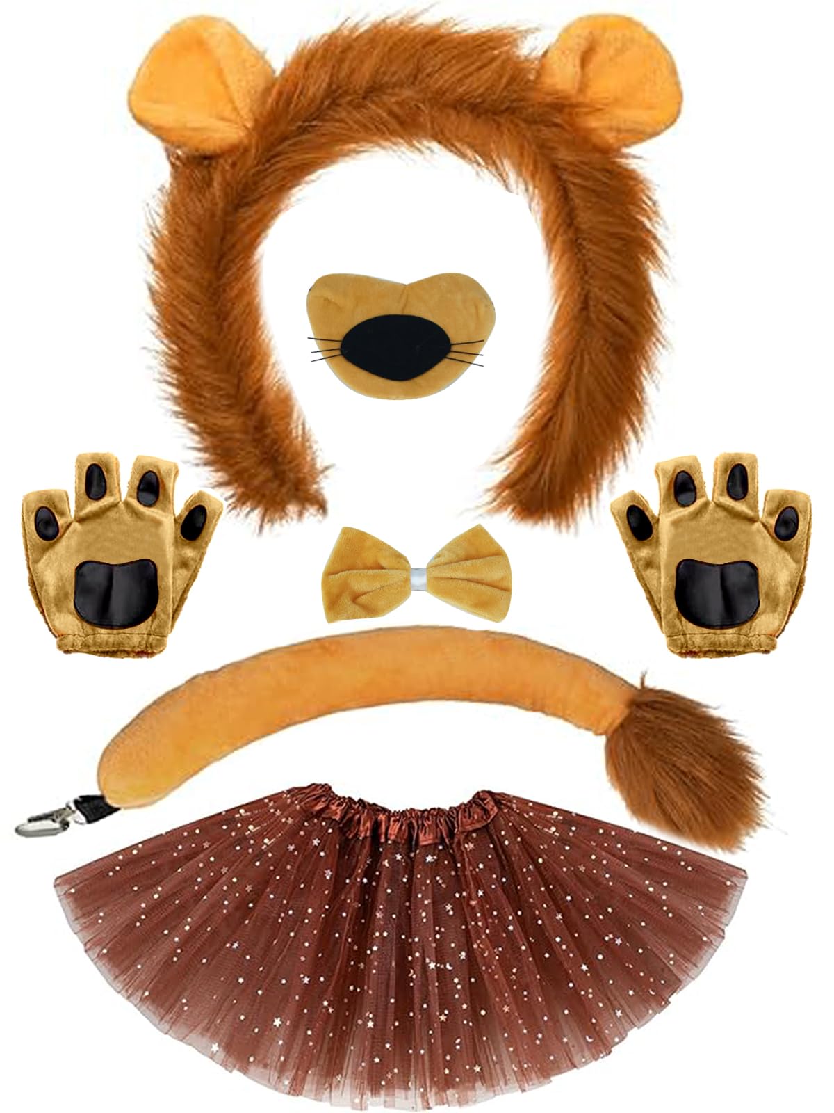 Besuante 7 Pcs Animal Lion Costume Set for Girls Ear Headband Tail Bowtie Nose Gloves Tutu Skirt for Halloween Dress Up