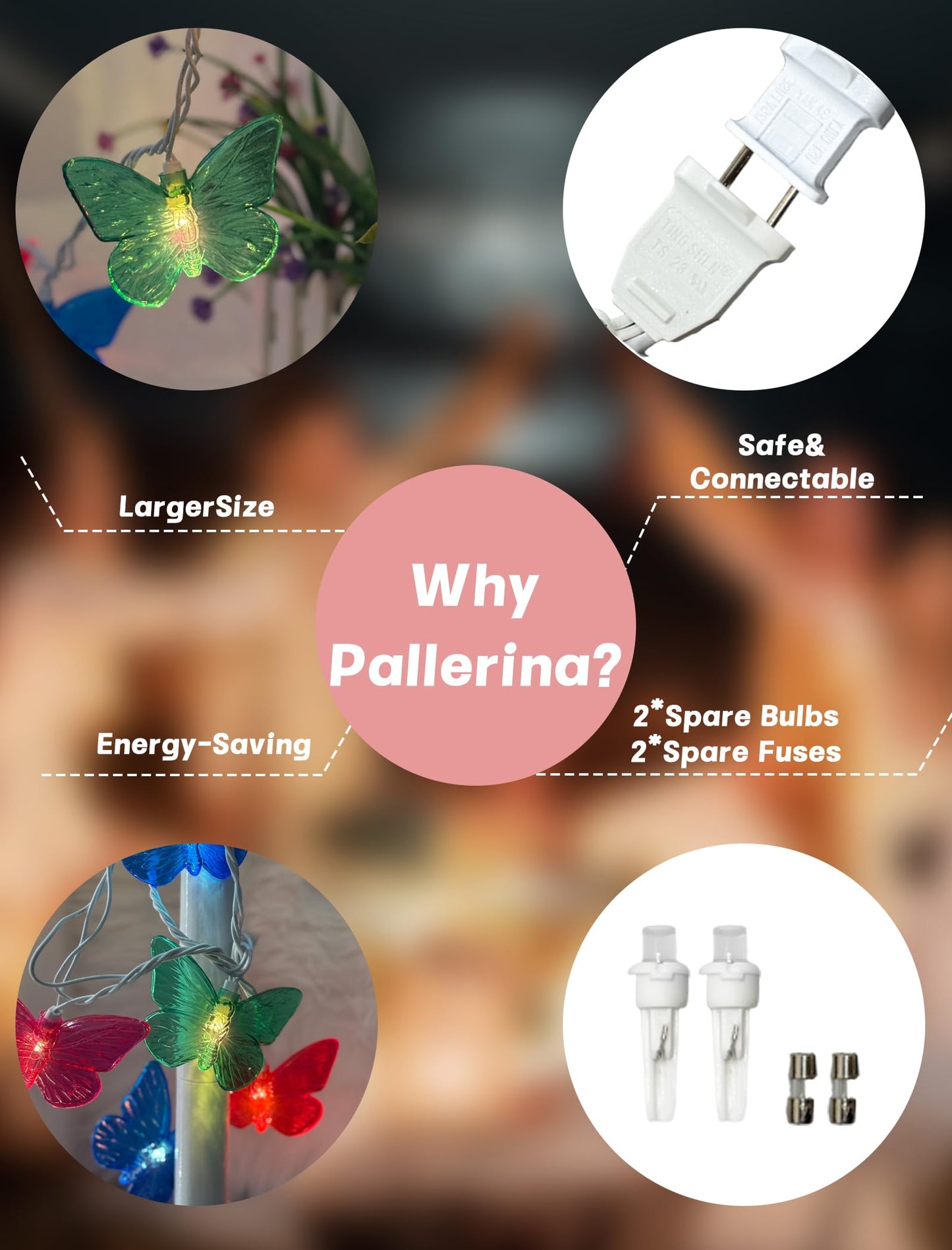 Pallerina Butterfly String Lights-8.5ft Butterfly Fairy Lights with 10 Led Light,Plug in Bedroom Curtain Lights for Indoor Tent Loft Bed Patio Party Wedding Wall Summer Holiday Garden Decor