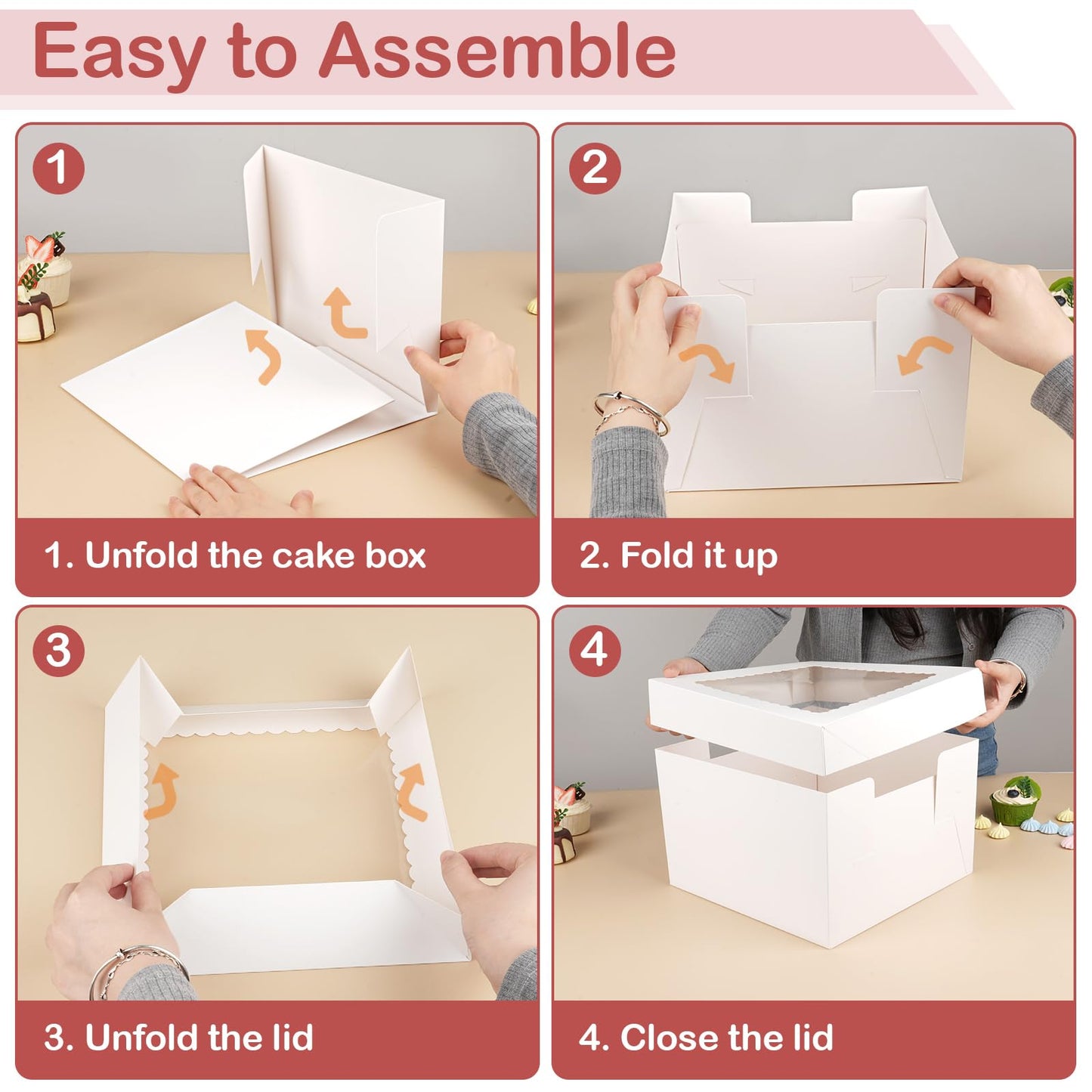2 Pack Cake Boxes with Cake Boards, 12 Inch Tall Cake Box, Disposable Cake Transport Container, White Cake Carrier Holder for Baked Goods Cookies Dessert Pastry Cupcakes Bakery (12×12×8 Inches)