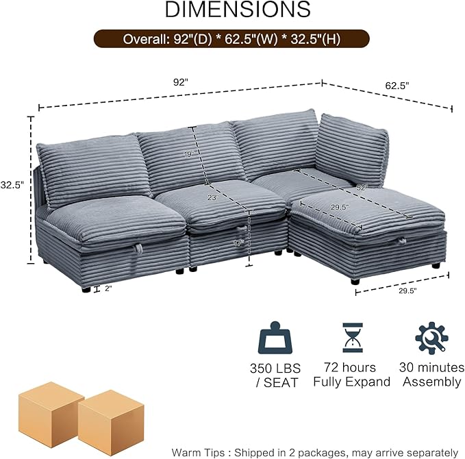 FIRLZY 92" Modular Sectional 4 Seater Sofa with Removable Covers and Storage, Convertible L-Shaped and Sleeper Sectional, Modern Corduroy Couches with Ottoman Chaise for Living Room, Apartment, Gray
