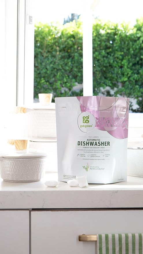 Grab Green Automatic Dishwashing Detergent Pods, 132 Count, Thyme Fig Leaf Scent, Plant and Mineral Based, Superior Cleaning, Powerful Grease Removal,