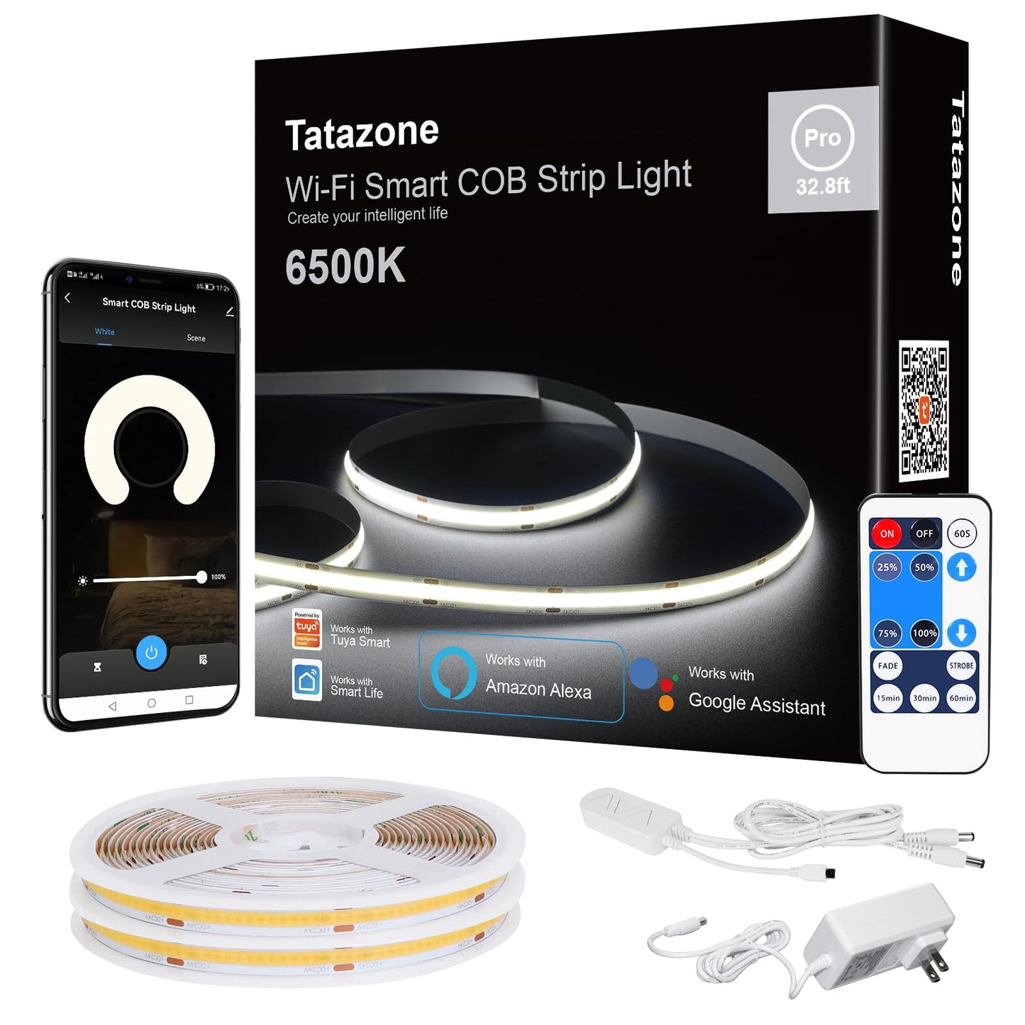 Tatazone Smart White COB Led Strip Light with App and Remote, 32.8ft 6500K WiFi Bright COB Light Strip Work with Alexa Google, Dimmable Indoor COB Strip Lights for Room, Cabinet, 2 Rolls of 16.4ft