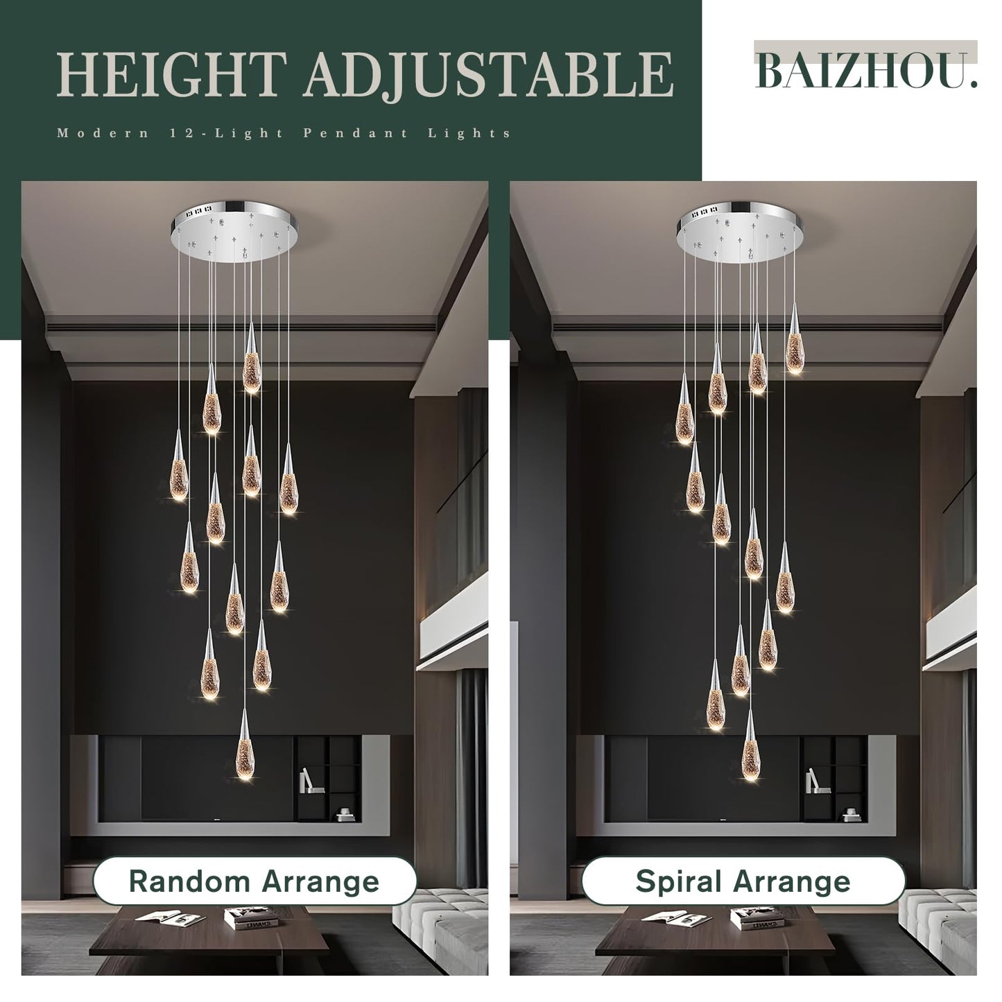 BaiZhou 12-Light Modern Crystal Chandeliers 3-Way Dimmable Long Pendant High Ceiling Bubble Raindrop Lighting Fixture for Staircase Foyer Entryway Bedroom Hallway Chrome