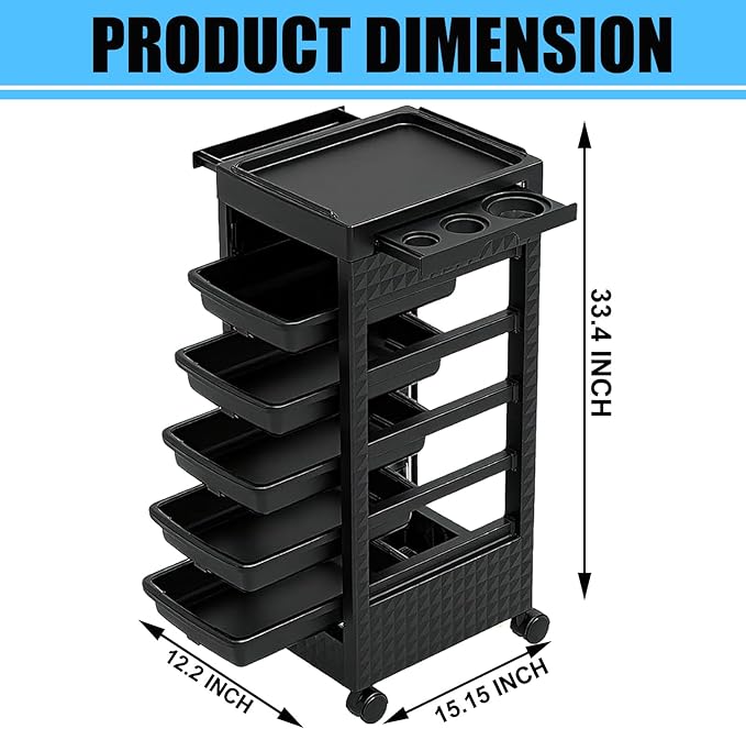 Salon Trolley Cart with Wheels & 5 Drawers, Salon Rolling Stations for Hair Stylist,Hairstylist for Beauty Tattoo Hairdressing Beauty Equipment, Black (T27-5DRAWER)