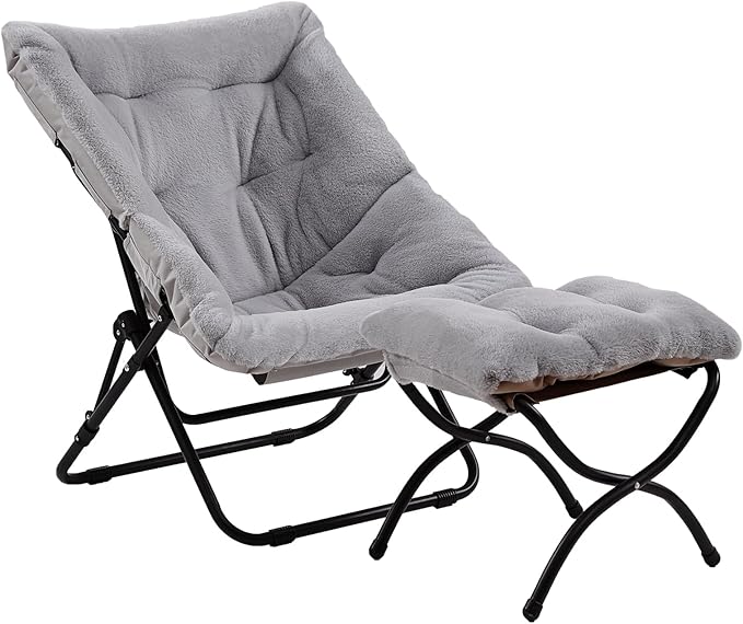 Givjoy Comfy Folded Chair with Ottoman, Oversized Folding Faux Fur Chair Soft Furry Lounge Lazy Chair with Metal Frame Moon Chair Accent Chair for Bedroom, Living Room, Dorm Rooms