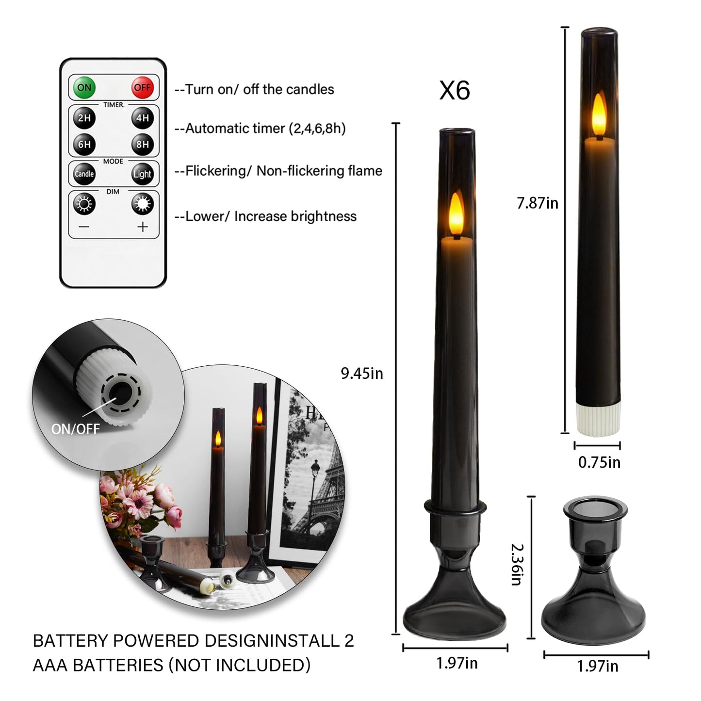 kakoya Upgraded Flameless Taper Candles with Remote,6 PC Acrylic Battery Operated with CandleSticks，Flickering Led Window Candles for Home Table and Wedding Decor（Grey）