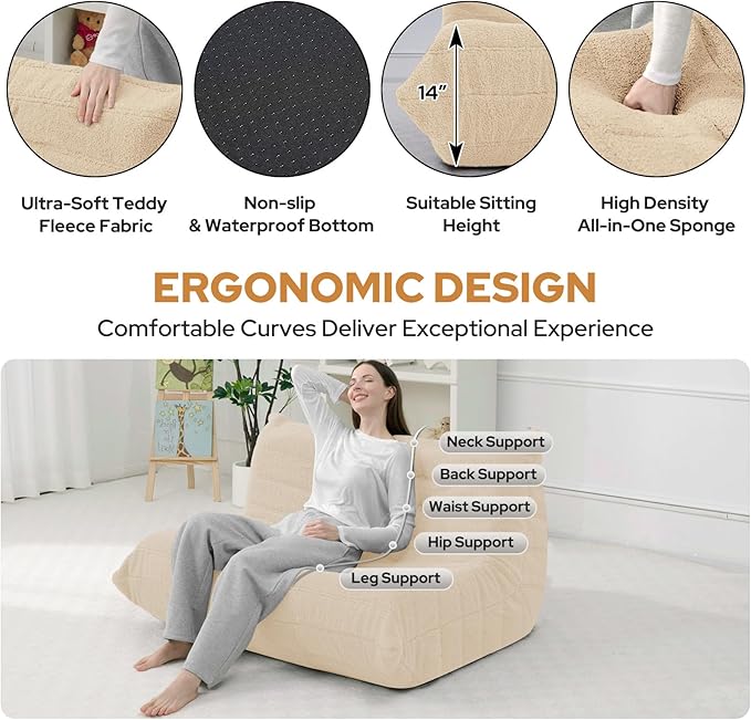 HABUTWAY Bean Bag Chairs Fireside Lazy Floor Sofa, Soft Teddy Fleece 2 Seater Sofa with High-Resilience Foam Filling，Beanbag for Living Room, Bedroom, Office (Khaki Teddy)