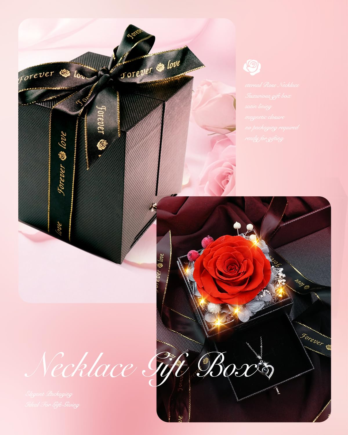 Birthday Gifts for Women, Preserved Real Roses with Heart Necklace I Love You in 100 Languages, Romantic Anniversary Wedding Gifts for Women Her Girlfriend Wife, Forever Roses Necklace Gift Box Red