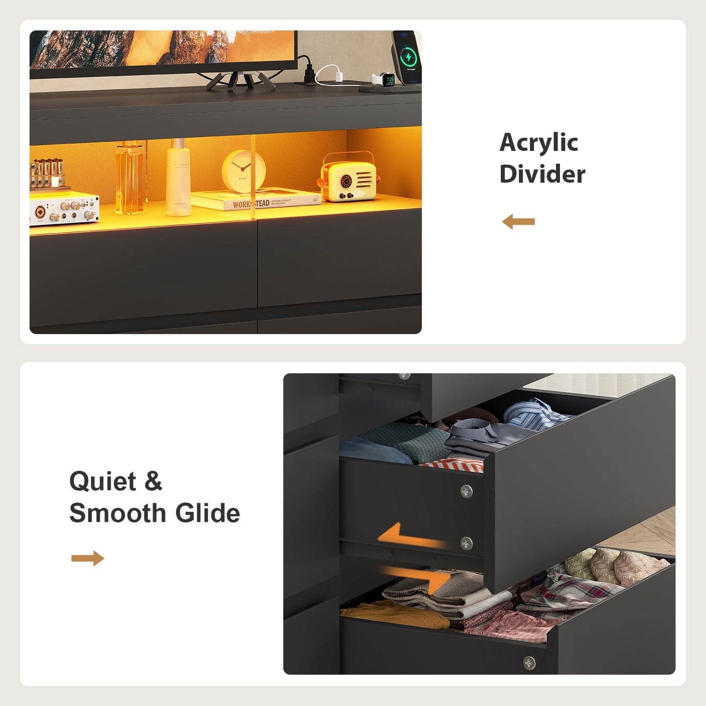 BTHFST 9 Drawer Dresser Chest of Drawers with RGB Lights, Power Outlet & Open Shelves, 56.7" W Wood Bedroom Dresser, No-Handle for Living Room Entryway, Black